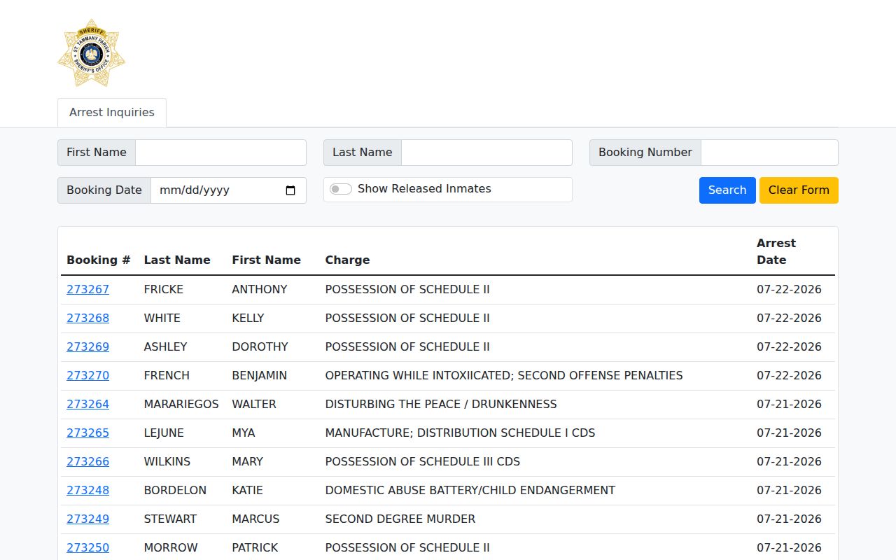 Official roster source for St. Tammany Parish released mugshots